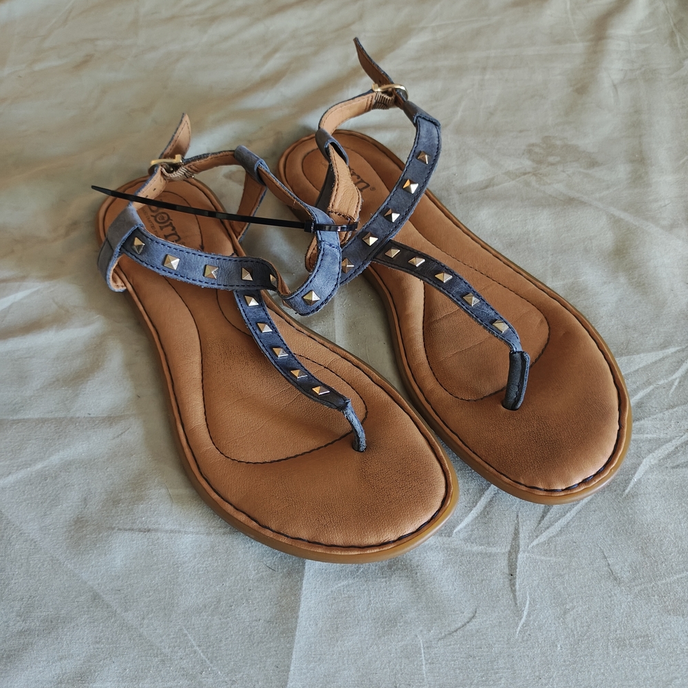 Born Blue T-Strap Studded Sandals with Tan Footbed